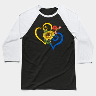 Red and Gold Sunflower Bouquet on Sapphire Blue and Yellow Curvy Heart Baseball T-Shirt